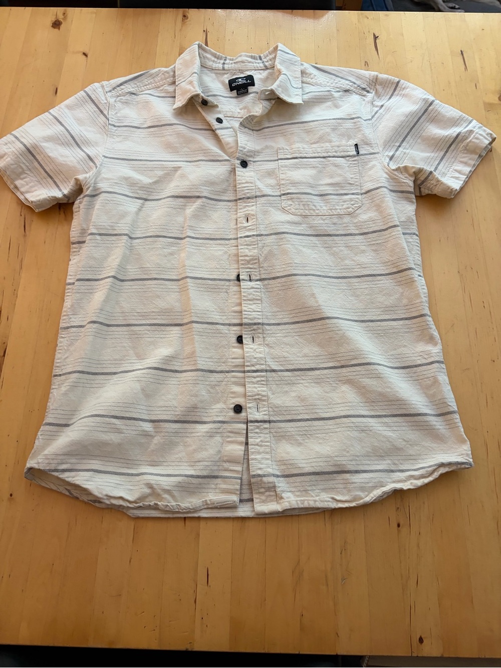 O'Neill Short Sleeve Button-Up Shirt in Cream with Gray Stripes